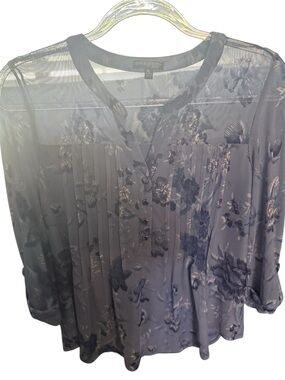 Ava & Grace Navy Floral Jacquard Button-Front Blouse